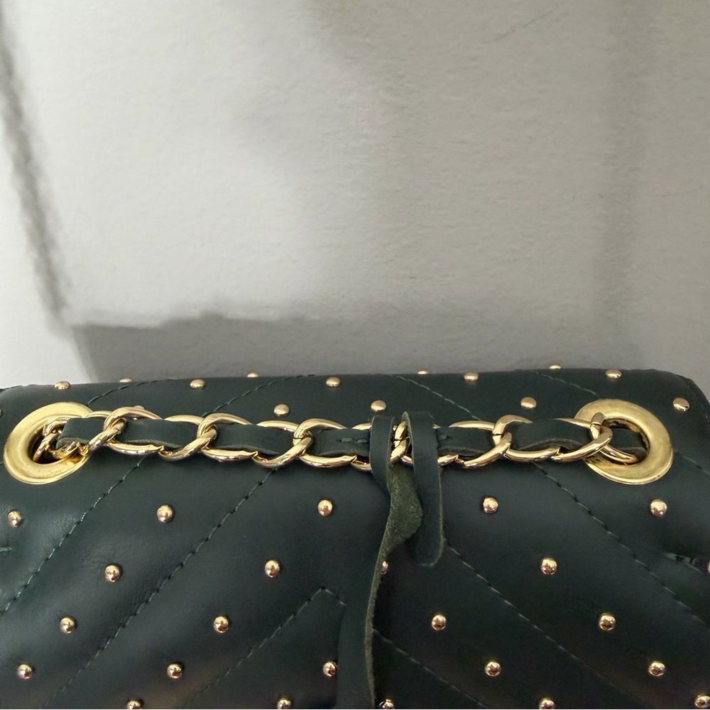 Persaman New York Made in Italy dark Green Quilted Studded Chain Bag Purse - Picture 6 of 10